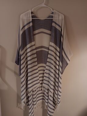 Isaac Mizrahi Striped Fringe Shawl in Blue and White